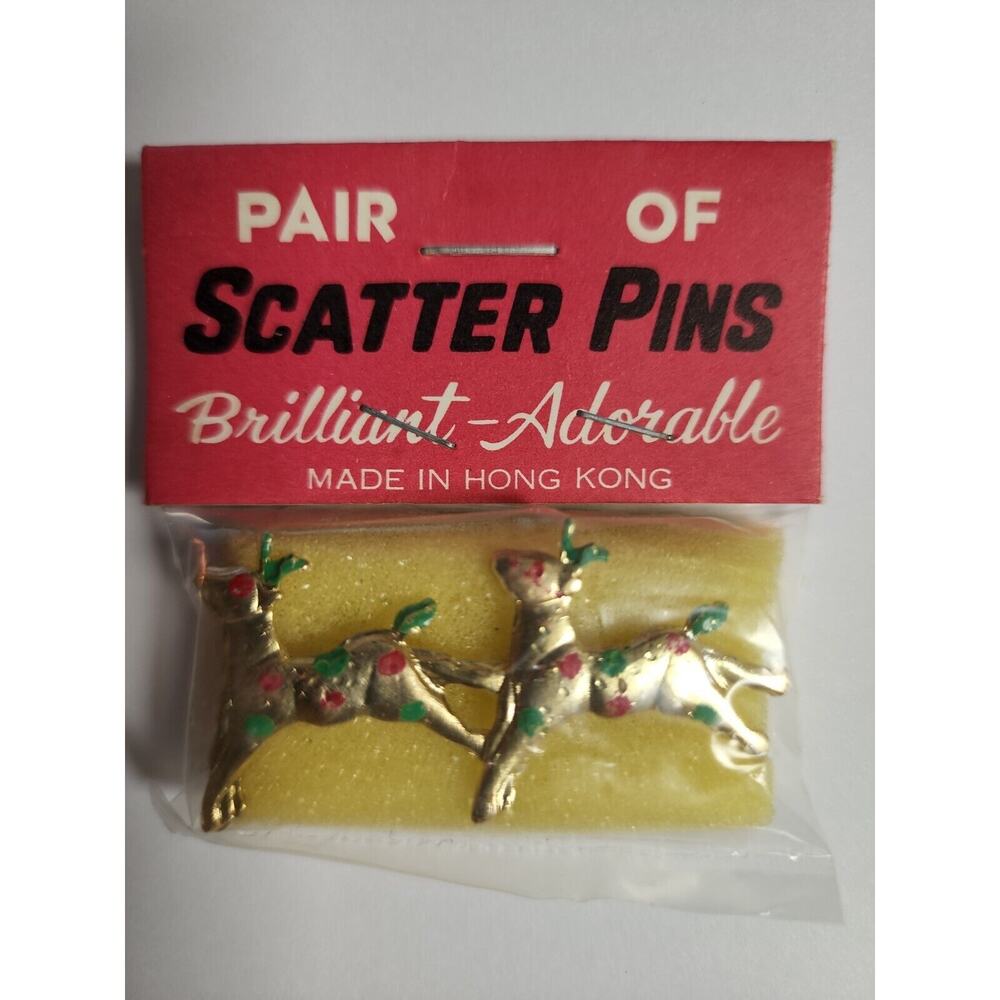 Vintage Brooches Pair of Reindeer Enamel Scatter Pins New Old Stock Rare B-9